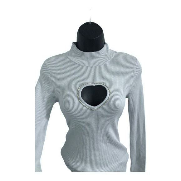 Guess Mia blue ice air heart shaped cz bust cutout mockneck sweater size medium - Picture 3 of 11